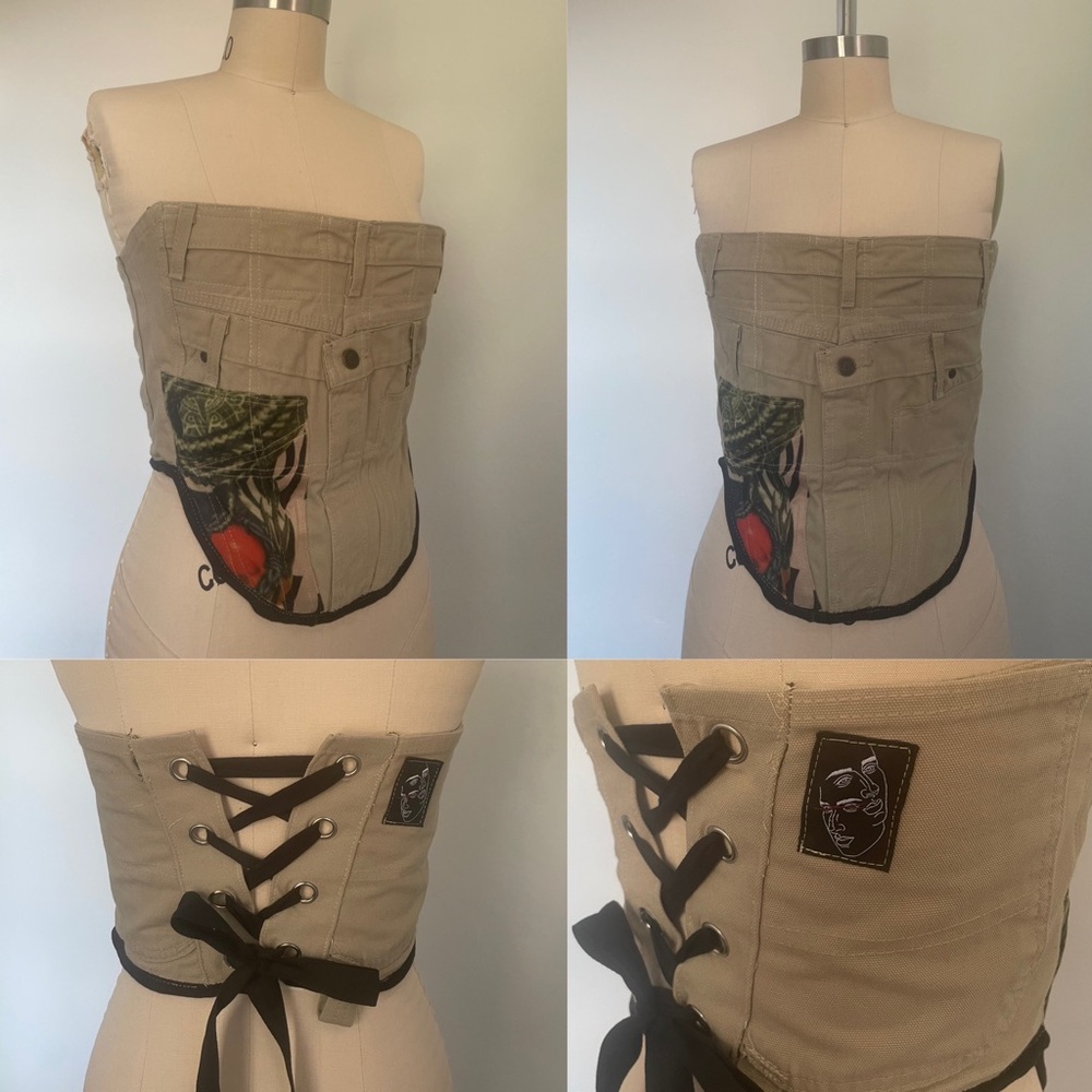 Tan and Black Denim Strapless Corset Top - Picture 2 of 6